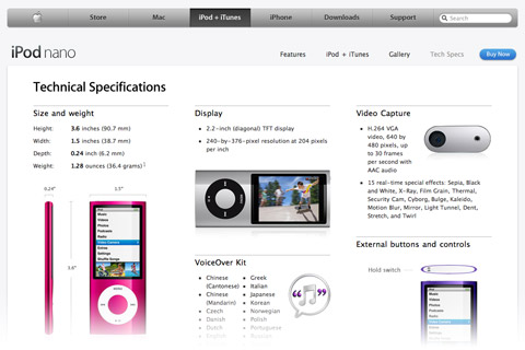 ipod Slika 11. - Apple odvaja tehničke specifikacije proizvoda od jednostavnih marketinških strana, ali opet ostavlja i lak način da se do specifikacija dođe.